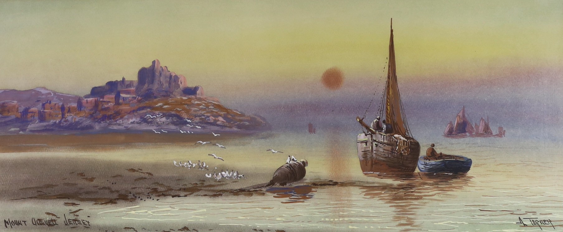 A. Turner, pair of watercolours, 'Break of Day' and 'Mount Orgueil, Jersey', signed, 25 x 59cm